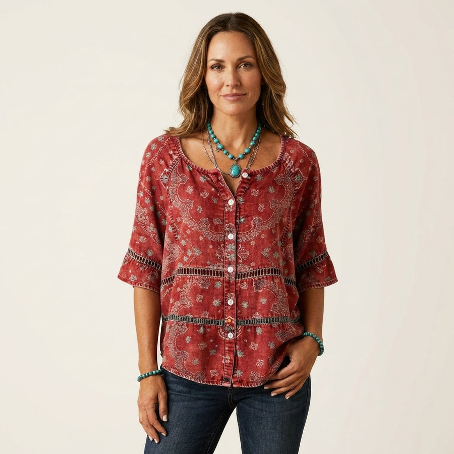 Button-Front Three-Quarter Sleeve Blouse 7