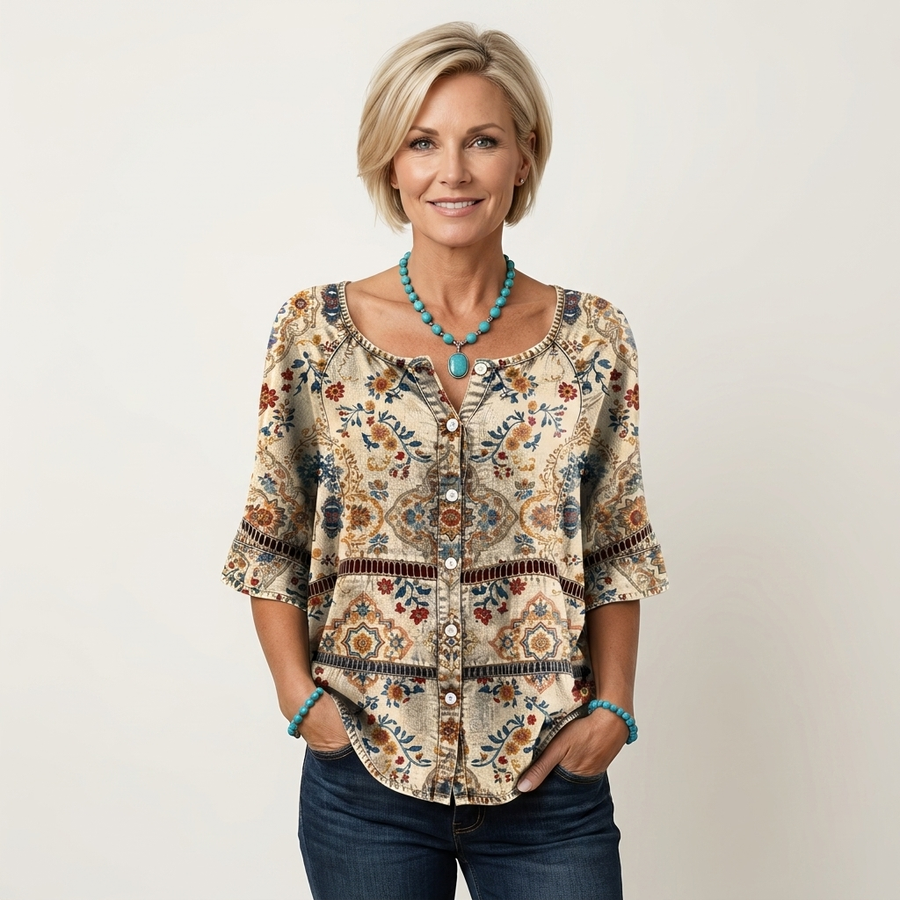 Button-Front Three-Quarter Sleeve Blouse 8