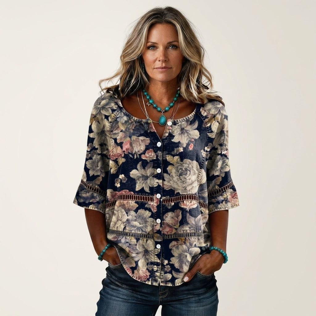 Button-Front Three-Quarter Sleeve Blouse 9