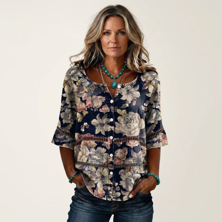Button-Front Three-Quarter Sleeve Blouse 9