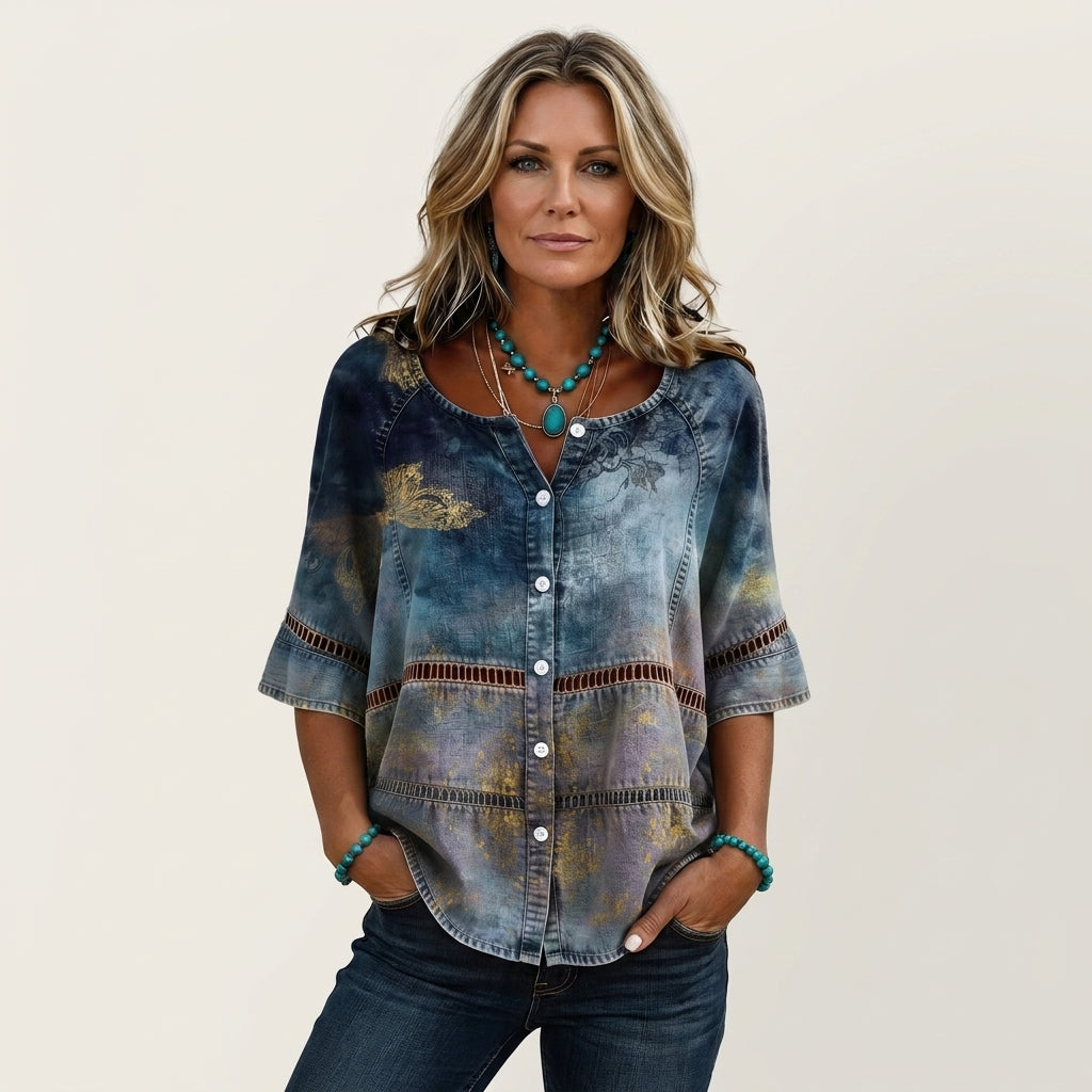 Button-Front Three-Quarter Sleeve Blouse 10