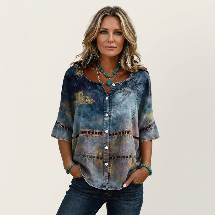 Button-Front Three-Quarter Sleeve Blouse 10