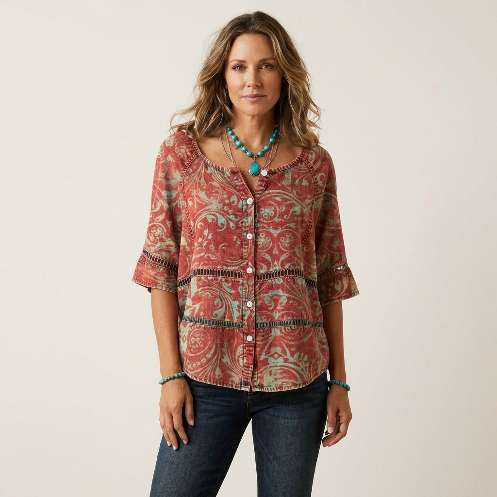 Button-Front Three-Quarter Sleeve Blouse 11