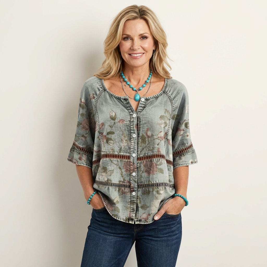 Button-Front Three-Quarter Sleeve Blouse 16