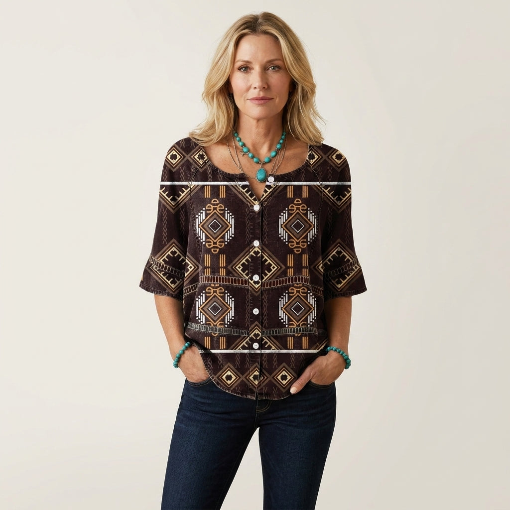 Button-Front Three-Quarter Sleeve Blouse 17