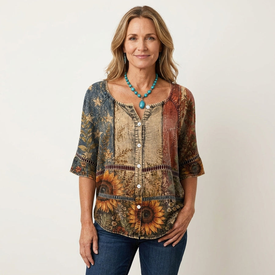 Button-Front Three-Quarter Sleeve Blouse 18