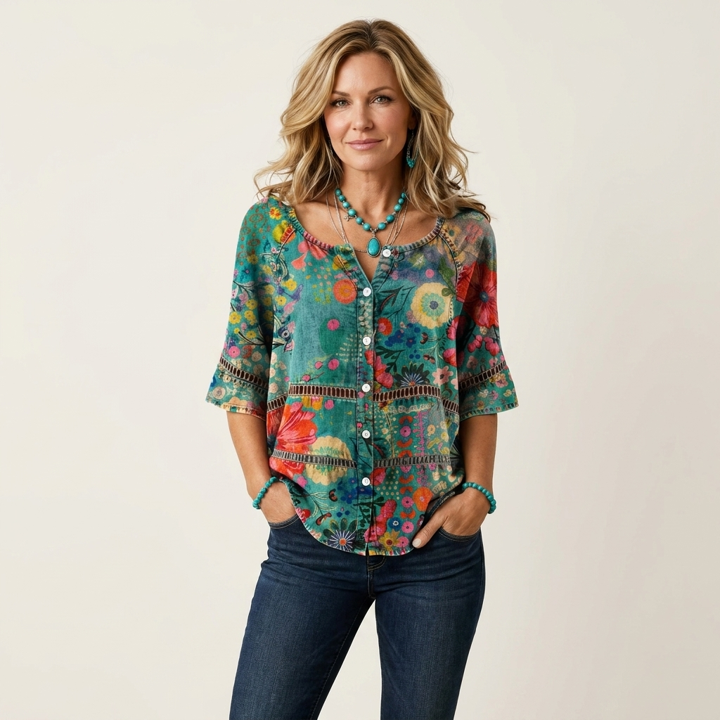 Button-Front Three-Quarter Sleeve Blouse 19