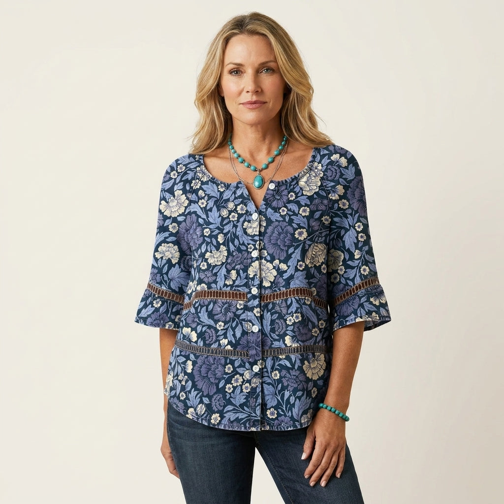 Button-Front Three-Quarter Sleeve Blouse 20