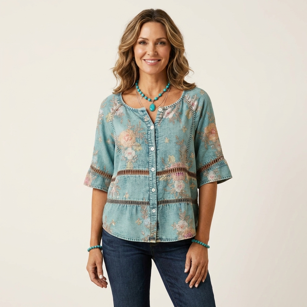 Button-Front Three-Quarter Sleeve Blouse 21