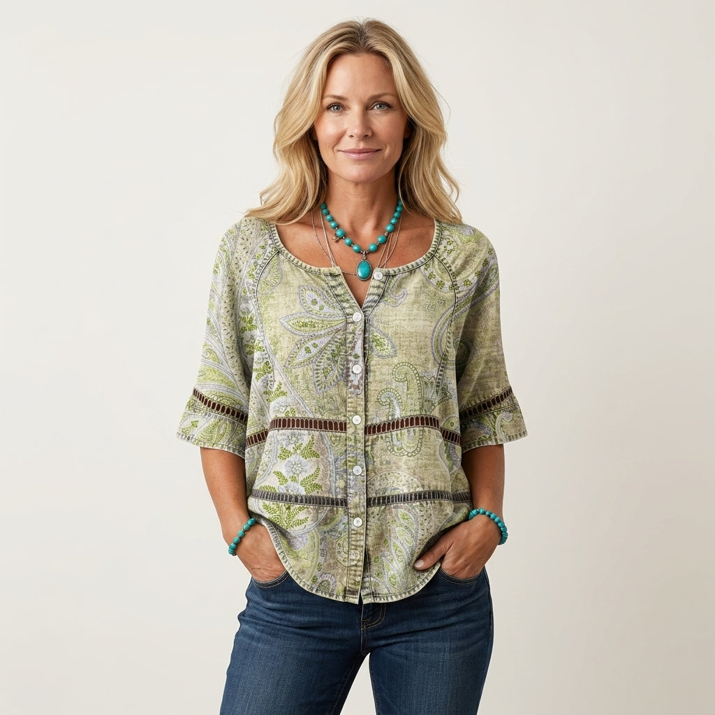 Button-Front Three-Quarter Sleeve Blouse 22