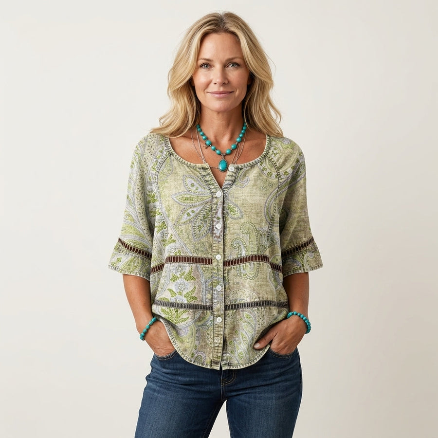 Button-Front Three-Quarter Sleeve Blouse 22