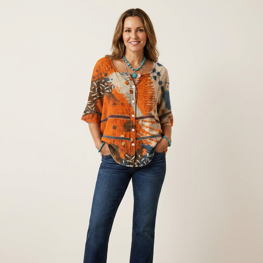 Button-Front Three-Quarter Sleeve Blouse 14
