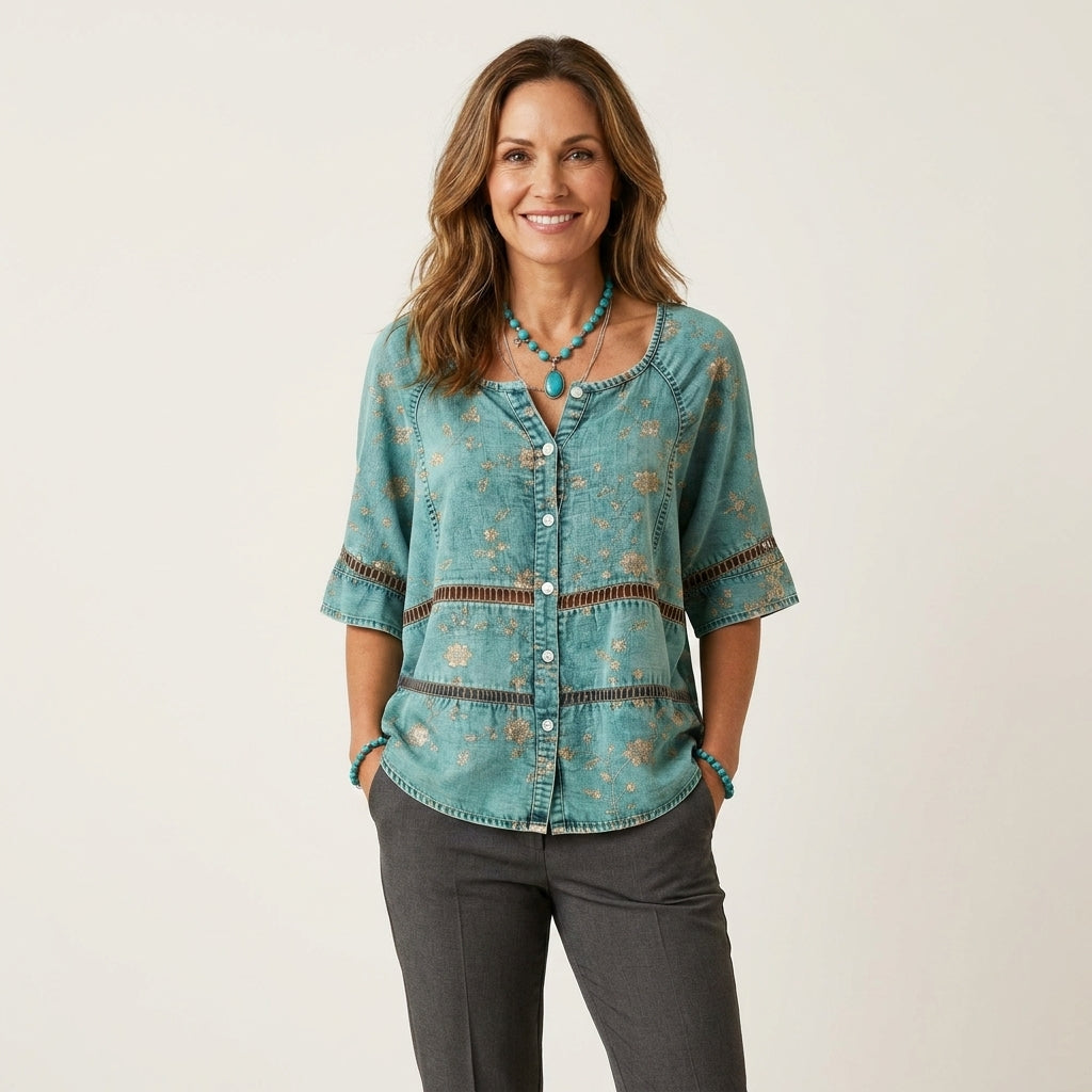 Button-Front Three-Quarter Sleeve Blouse 12