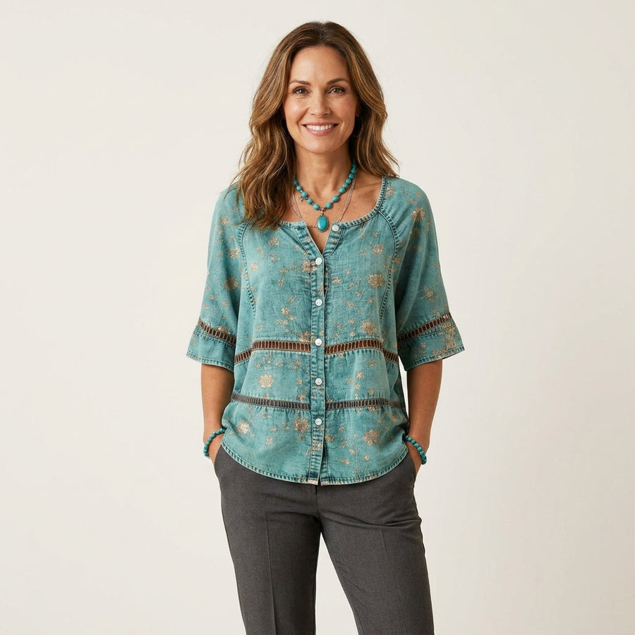 Button-Front Three-Quarter Sleeve Blouse 12