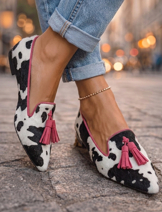 Pointed Flats with Tassels in cow print and red