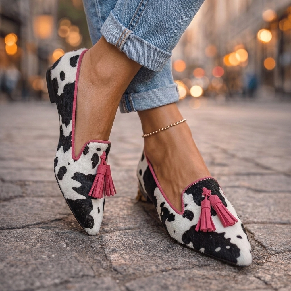 Pointed Flats with Tassels in cow print and red