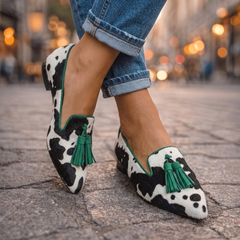 Pointed Flats with Tassels in cow print and green
