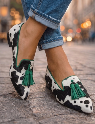 Pointed Flats with Tassels in cow print and green