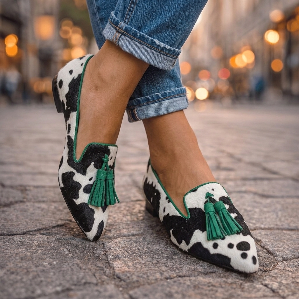 Pointed Flats with Tassels in cow print and green