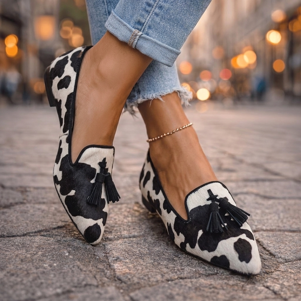 Pointed Flats with Tassels in cow print