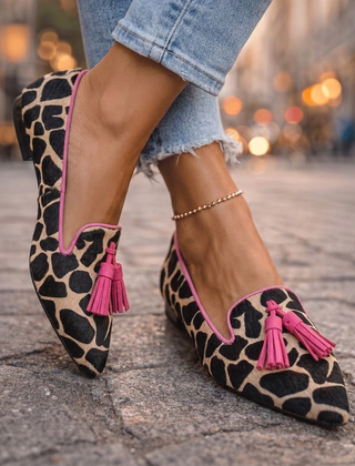 Pointed Flats with Tassels in pink and leopard
