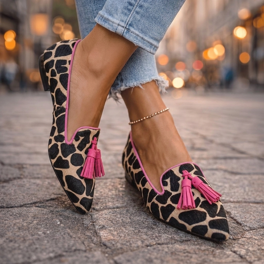 Pointed Flats with Tassels in pink and leopard