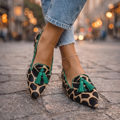 Pointed Flats with Tassels in green and leopard