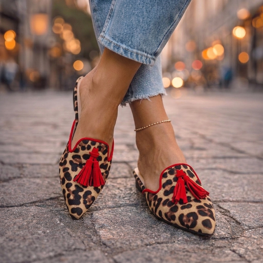Pointed Slides with Tassels in leopard