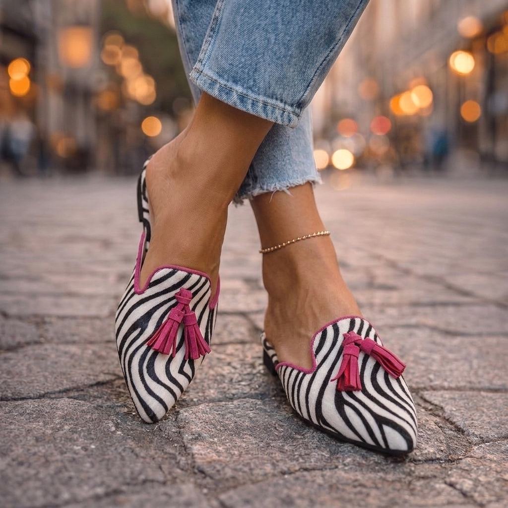 Pointed Slides with Tassels in zebra