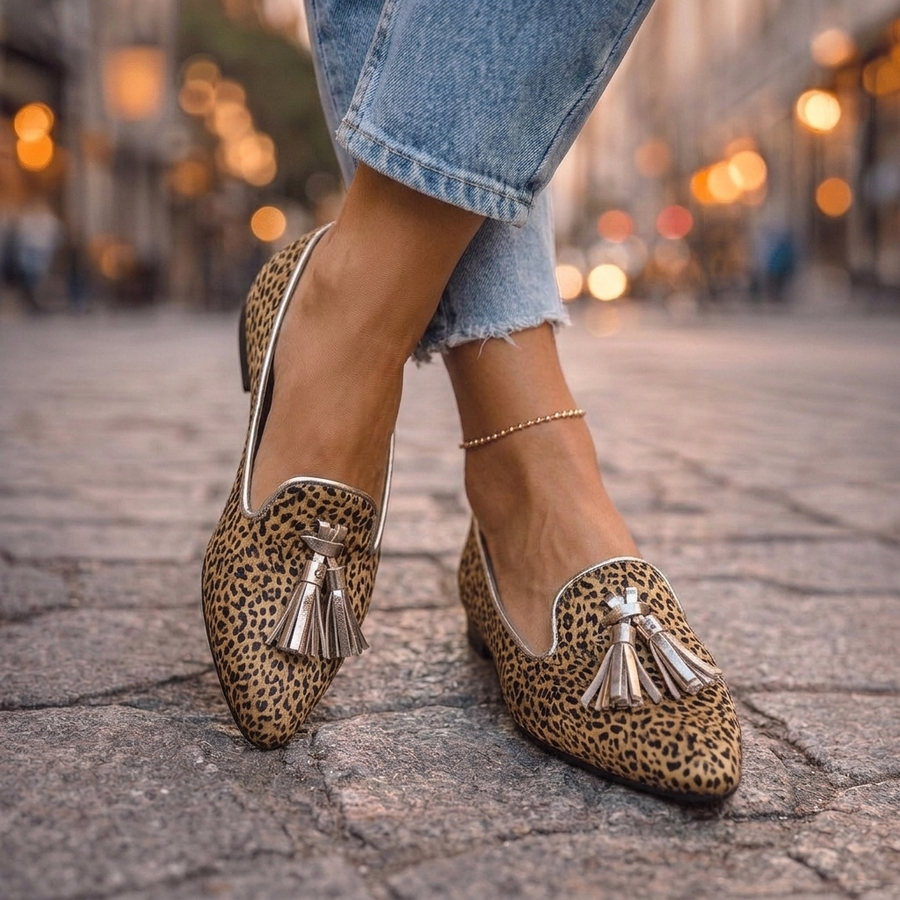 Loafers with Tassels and Animal Print in leopard and gold