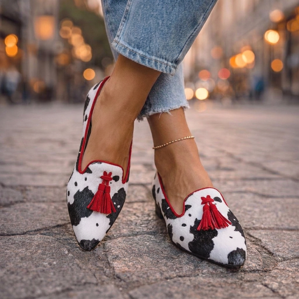 Loafers with Tassels and Animal Print in cow print and red