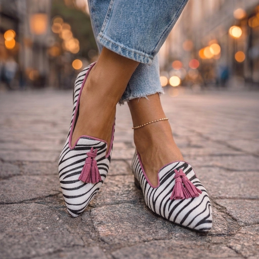 Loafers with Tassels and Animal Print in zebra and pink