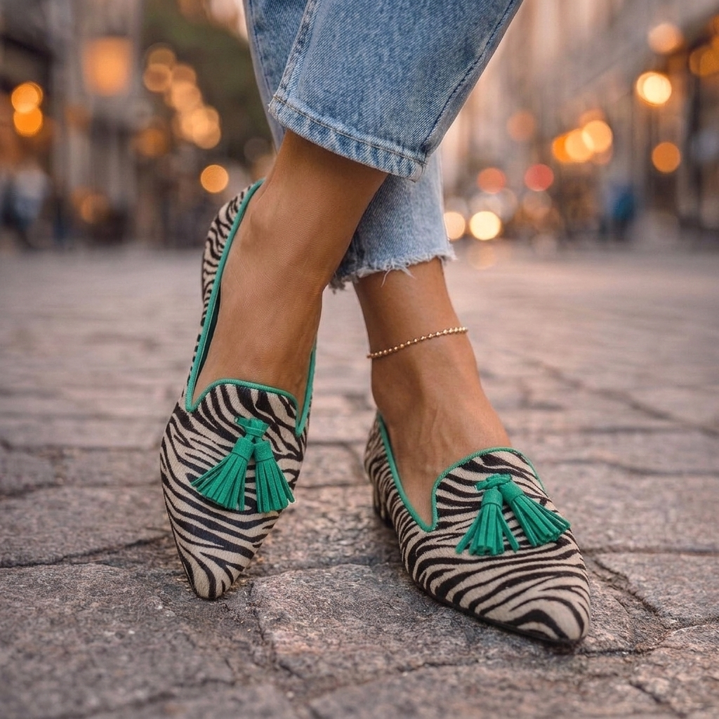 Pointed Flats in green zebra