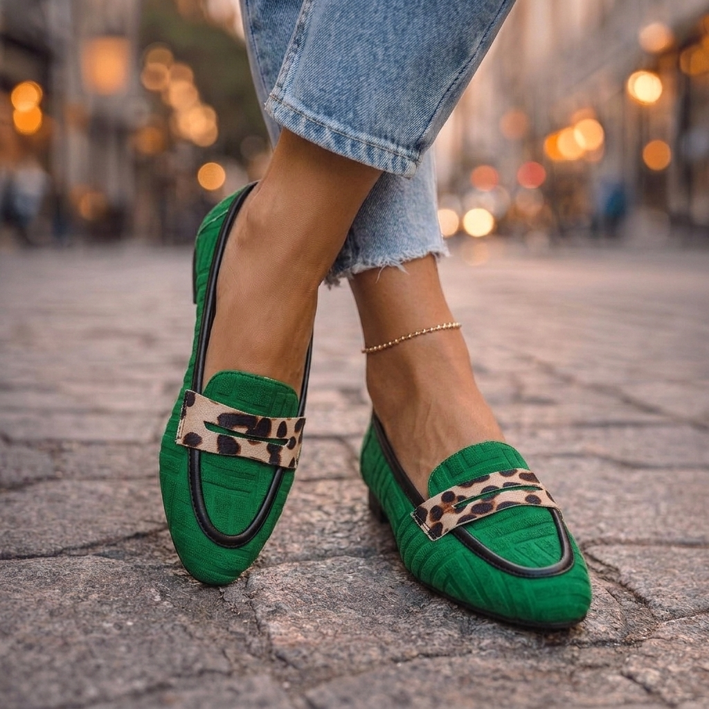 Leopard Slip-On Loafers in emerald green