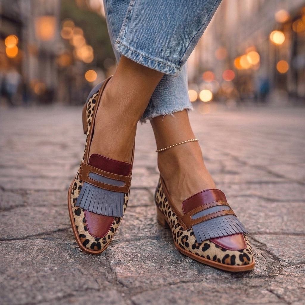 Square-Toe Loafers with Tassels in leopard color block