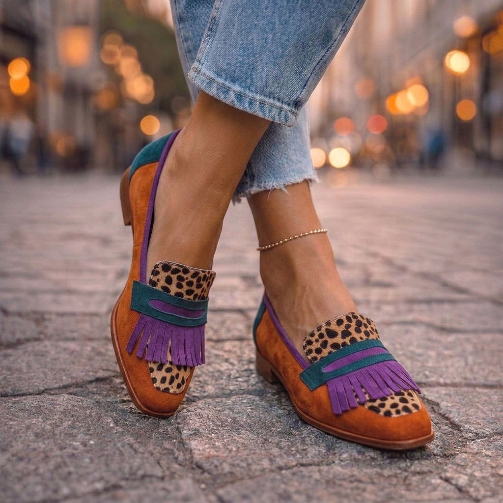 Square-Toe Loafers with Tassels in leopard