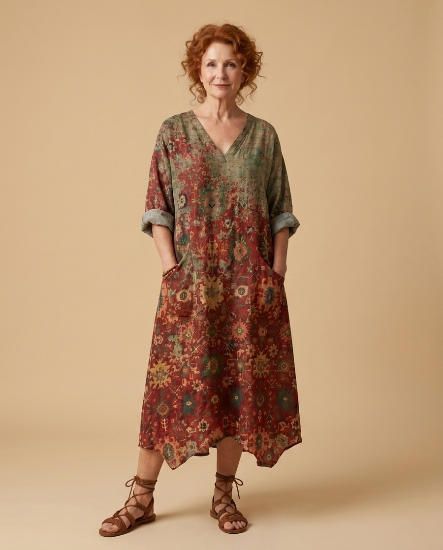 Julia | Mixed-Print Midi Dress with Pockets