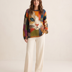 Woman wearing the Zaira artistic cat print top with cream wide leg trousers