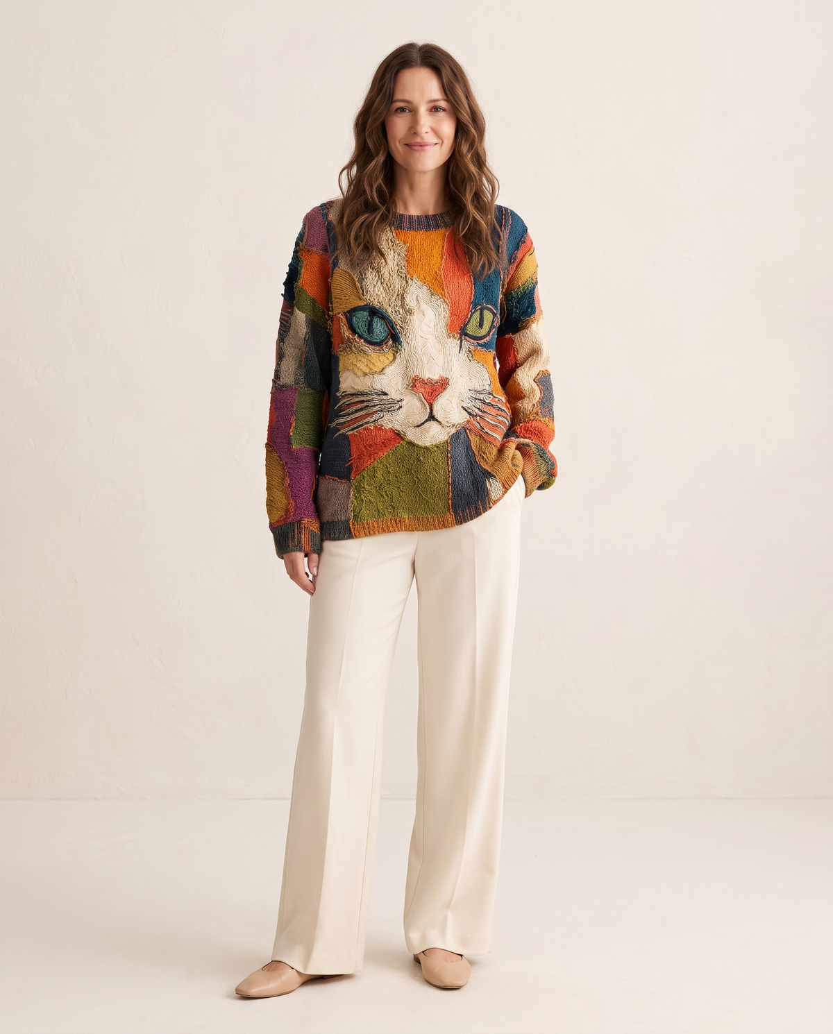 Woman wearing the Zaira artistic cat print top with cream wide leg trousers