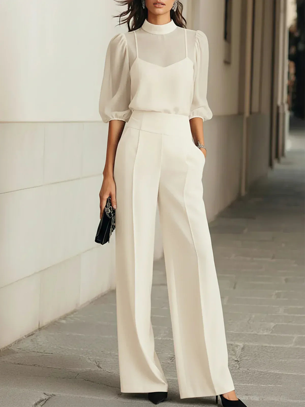Three-Piece Set with Sheer Camisole Top and Wide-Leg Trousers