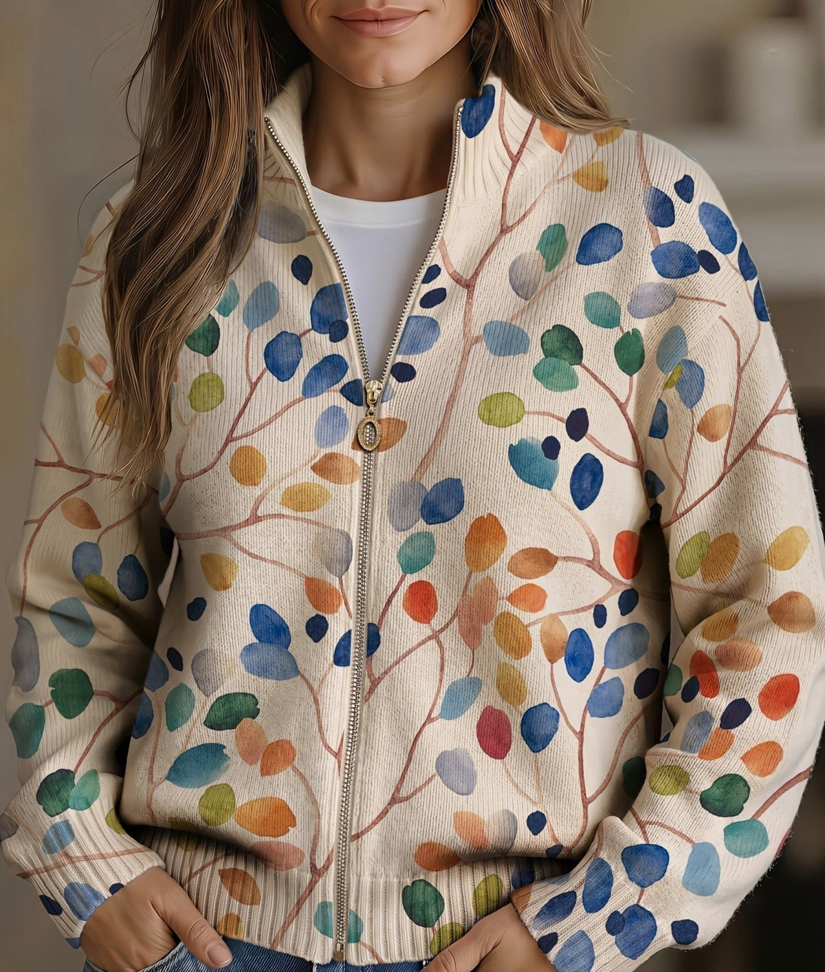 Botanical Leaf Print Zip Cardigan