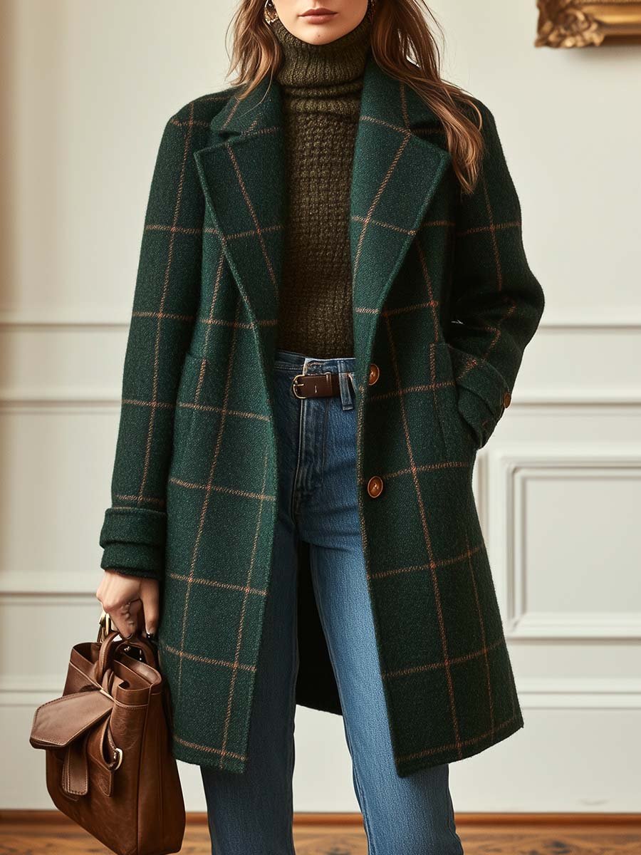 Plaid Wool-Blend Long Coat