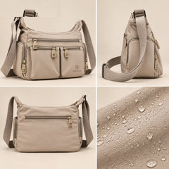 Kia crossbody bag from four angles, with the water-repellent fabric