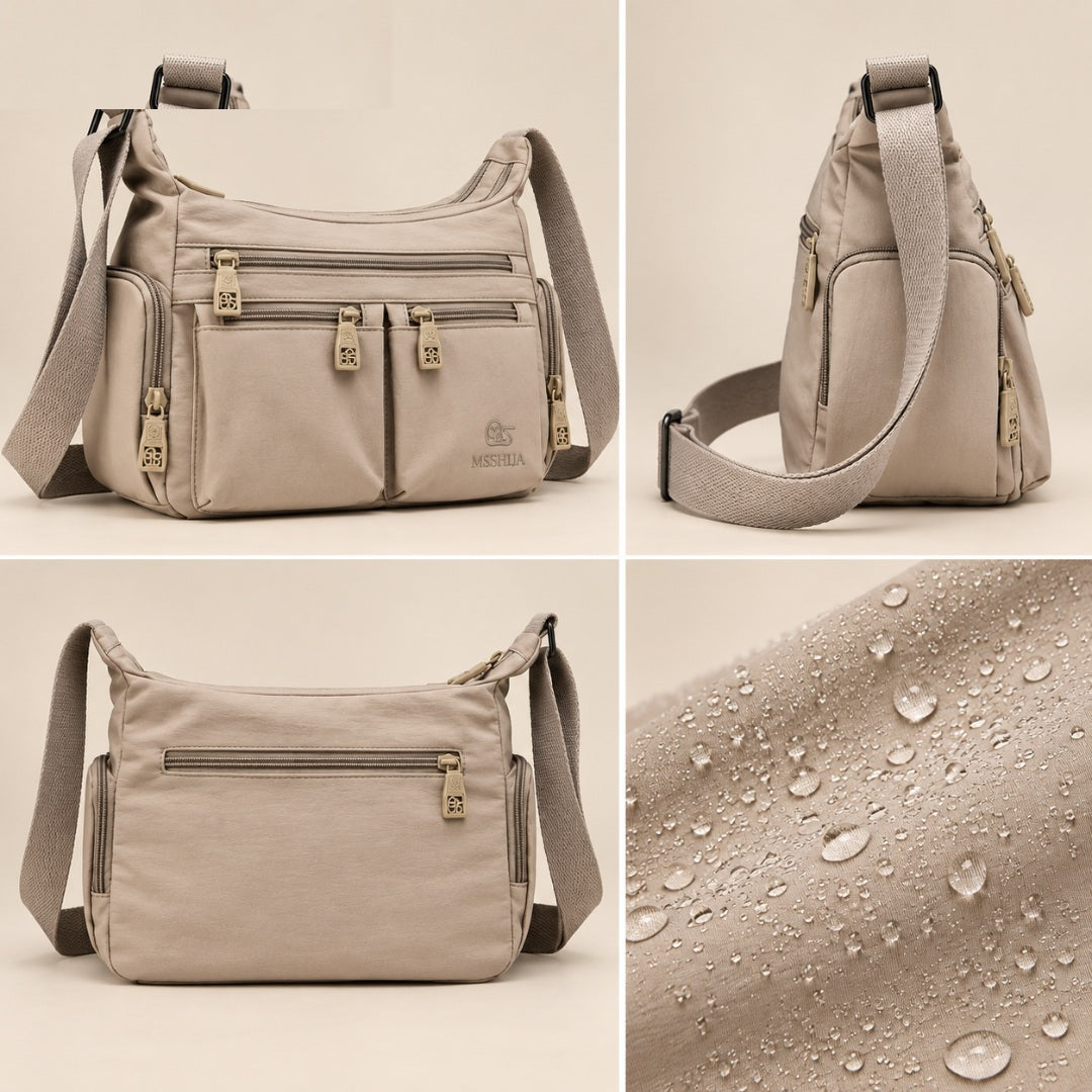 Kia crossbody bag from four angles, with the water-repellent fabric