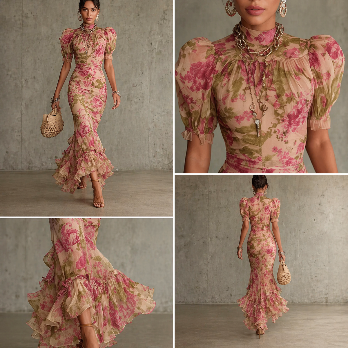 Floral Puff-Sleeve Maxi Dress.