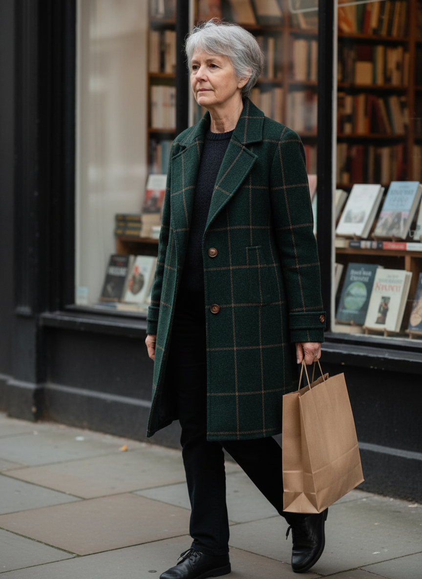 Woman walking past a bookshop in the green checked wool coat