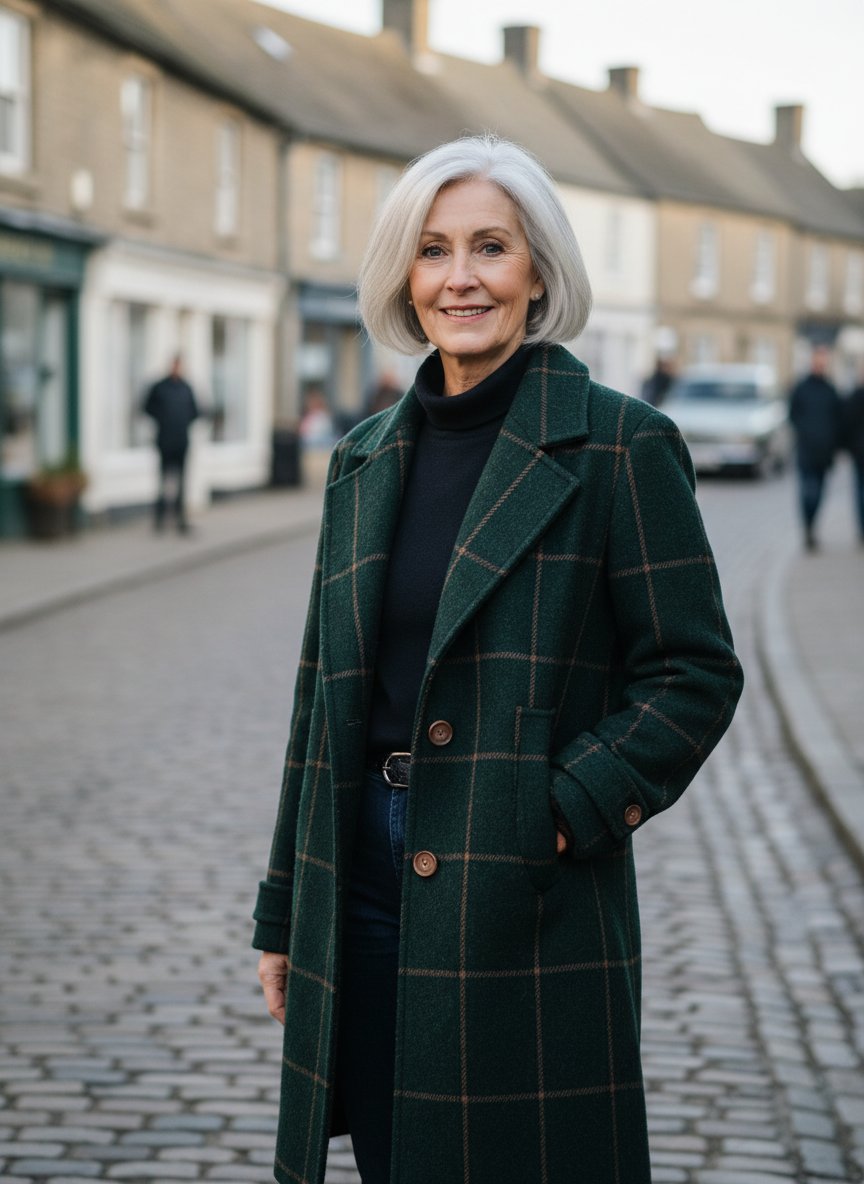 Woman in her sixties wearing the green checked wool coat on a village high street