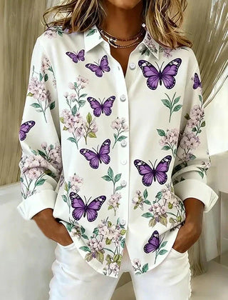 Whimsical Butterfly Print Button Blouse