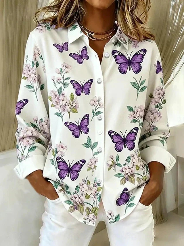 Whimsical Butterfly Print Button Blouse