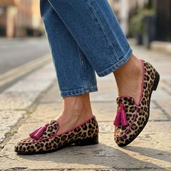 Moccasin — Leopard Print with Fuchsia Trim and Tassels